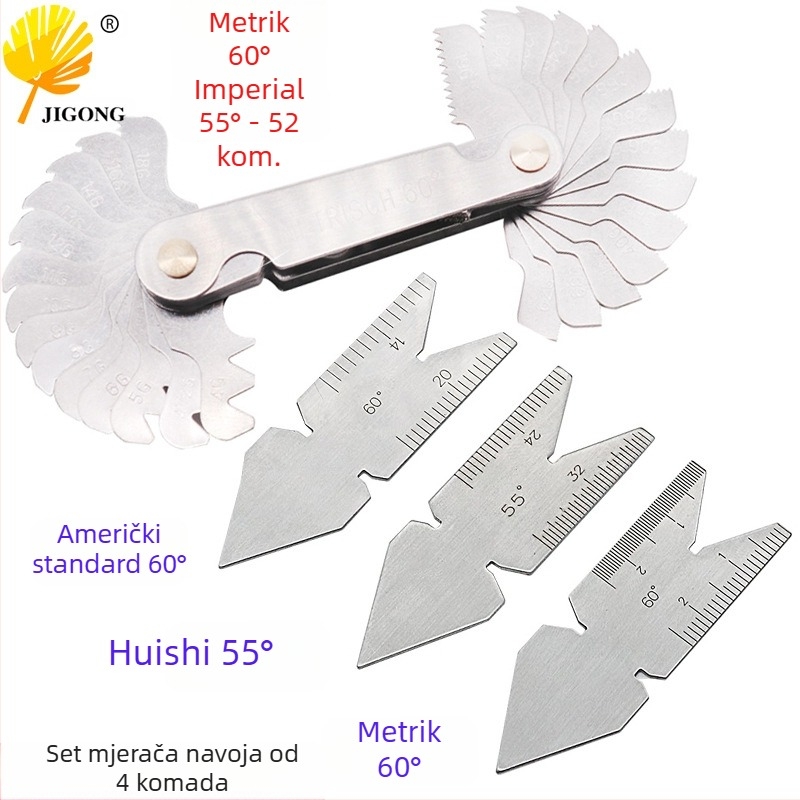 Journalists 4-dijelni set mjerne opreme za navoje i središnji mjerač, 55°–60°, metrički i inčni integrirani