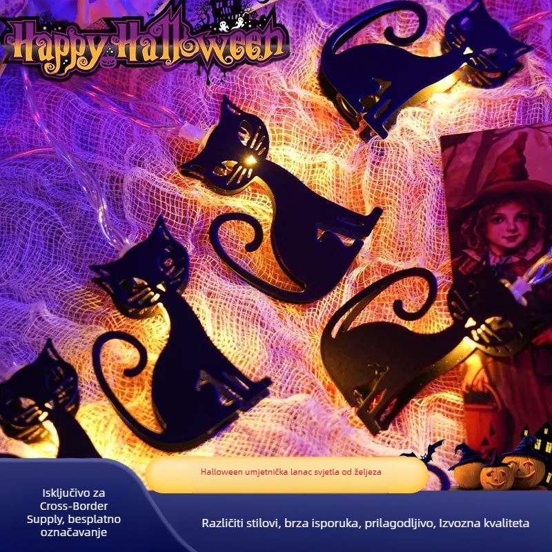 Halloween metalne LED lampice u nizu u mačjem obliku (10 LED, ≤36V, IP44, baterijsko napajanje, 3000K)