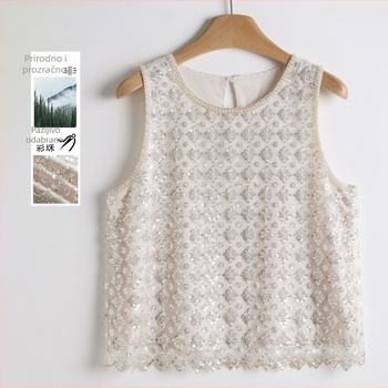 Ženski bezrukavni T-shirt s mrežastom tkaninom, poliester 50–70%, okrugli izrez, ljeto 2024