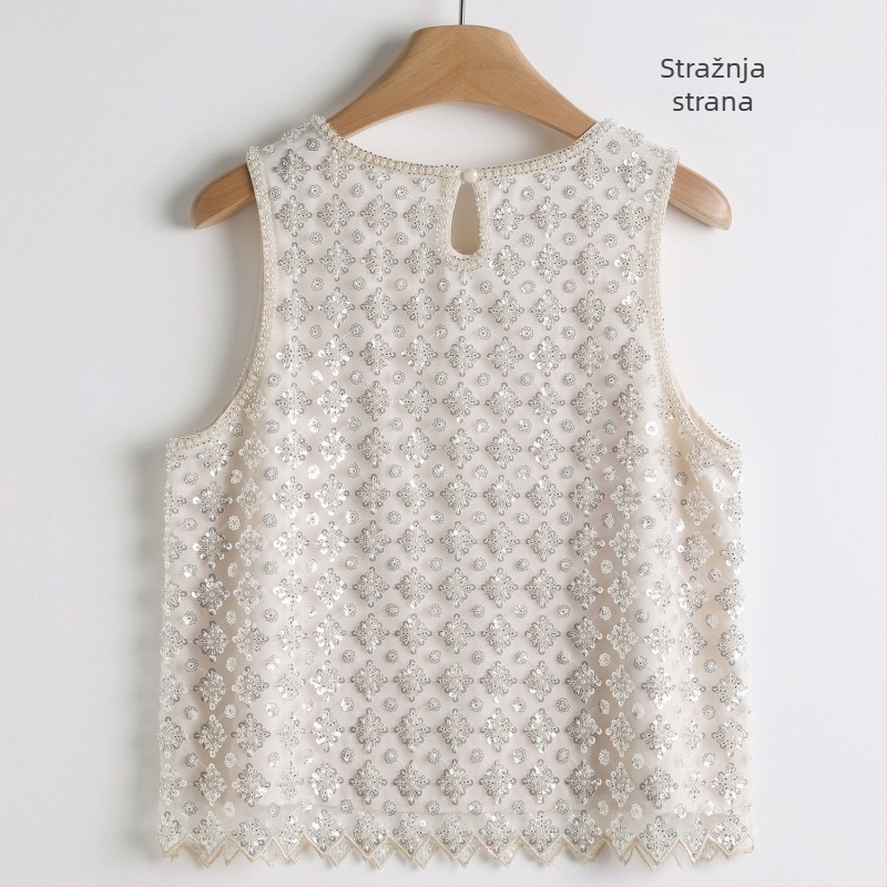 Ženski bezrukavni T-shirt s mrežastom tkaninom, poliester 50–70%, okrugli izrez, ljeto 2024