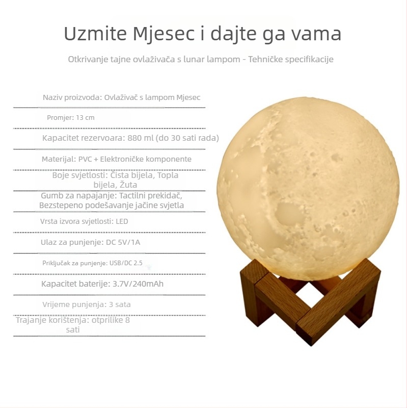 Zvlhivač u obliku mjeseca s aromaterapijom i noćnim svjetlom — model WY2541, spremnik 0.5–1 L, buka <36 dB, snaga 5W, napajanje USB/suha baterija