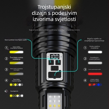 Fener s dvostrukim laserskim fokusom, dugi domet do 500 m, 10 W, 3000 mAh, ukljucen punjač, LED za upozorenje, višefunkcionalni