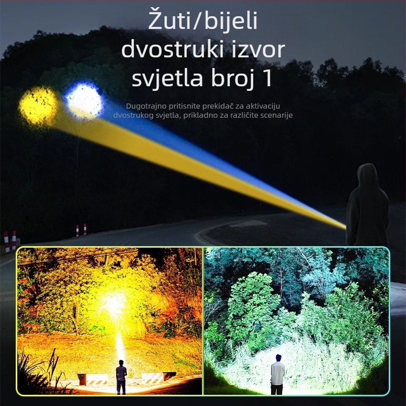 Fener s dvostrukim laserskim fokusom, dugi domet do 500 m, 10 W, 3000 mAh, ukljucen punjač, LED za upozorenje, višefunkcionalni