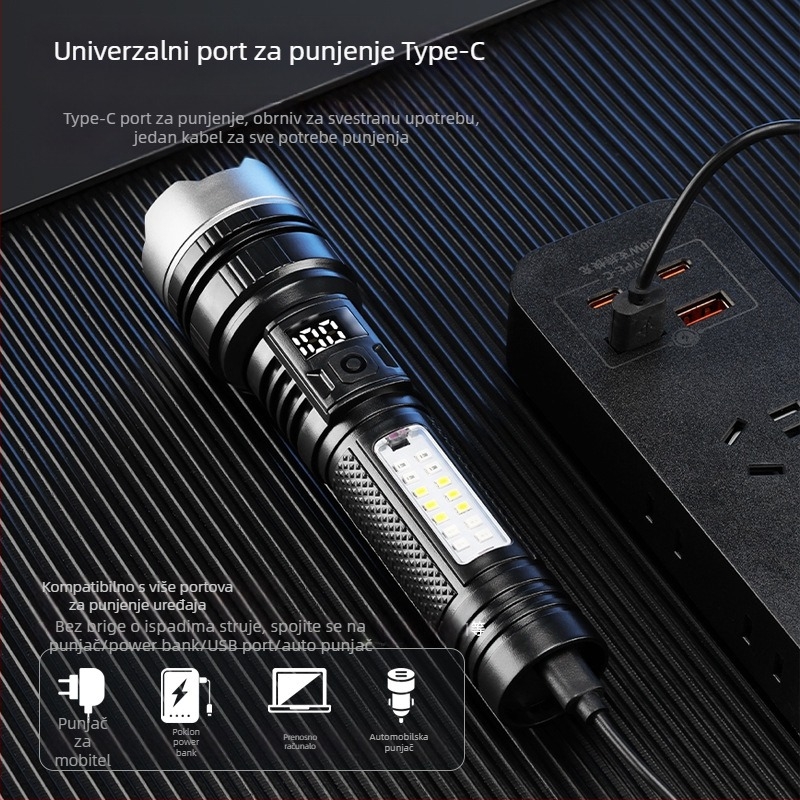 LED svjetiljka 5W, 1200mAh punjiva, snop svjetla do 200–500 m, za planinarenje i kampiranje