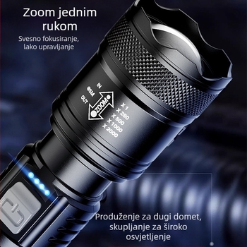 Ručna svjetiljka za vanjsku upotrebu, višefunkcionalna s dugim dometom osvjetljenja i bočnim laserskim svjetlom