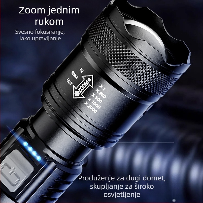 Ručna svjetiljka za vanjsku upotrebu, višefunkcionalna s dugim dometom osvjetljenja i bočnim laserskim svjetlom