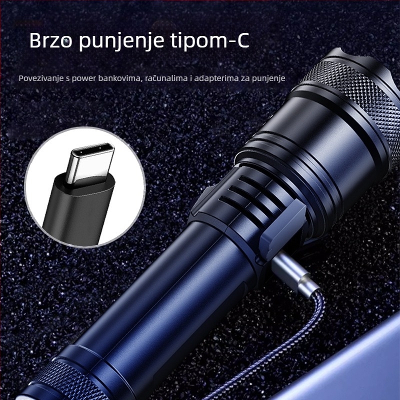 Ručna svjetiljka za vanjsku upotrebu, višefunkcionalna s dugim dometom osvjetljenja i bočnim laserskim svjetlom