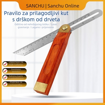 Pomični kutomjer s drvenom ručkom i tijelom od nehrđajućeg čelika, podesiv kut
