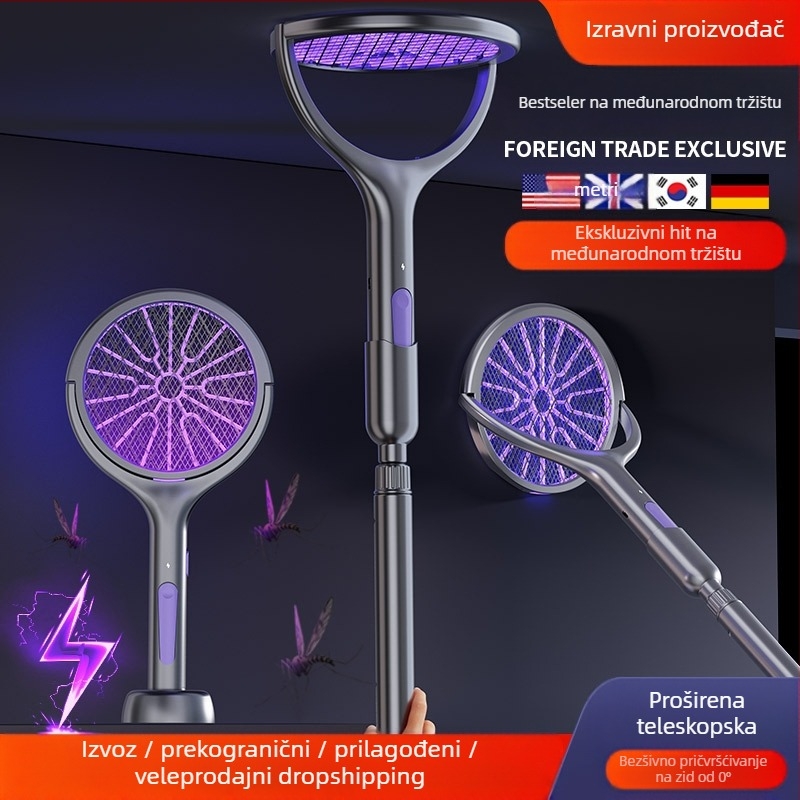 Električni odbač komaraca s teleskopskom drškom, USB punjiv, aluminijska mreža, UV zamka, pokrivenost 11-20㎡