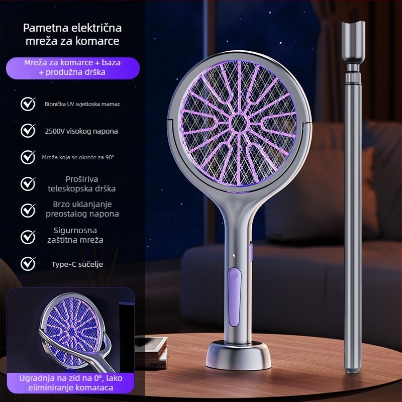 Električni odbač komaraca s teleskopskom drškom, USB punjiv, aluminijska mreža, UV zamka, pokrivenost 11-20㎡