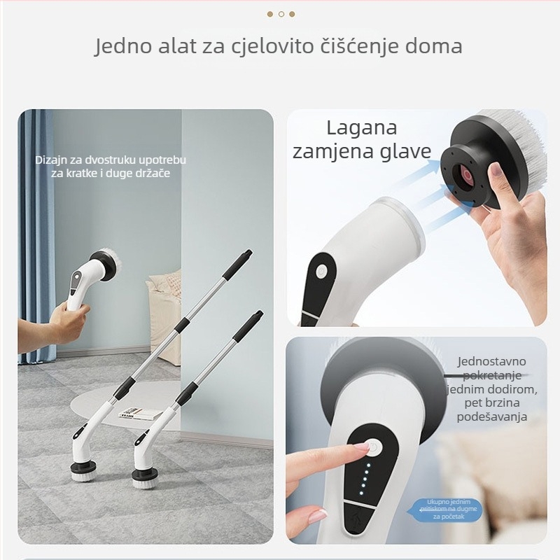 Električna četka za čišćenje za dom, kuhinju i kupaonicu – dvostruka uporaba duga i kratka četka, ručna, punjiva, bežični i prijenosni; model 9NI1, 25W, 5V, 50Hz