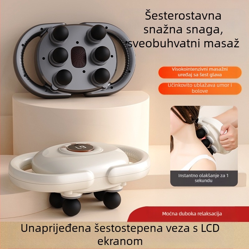 Šestoglavični masažer za vrat s LCD, brushless motor, 5+ brzina, ugrađena baterija, trajanje 1–3 sati