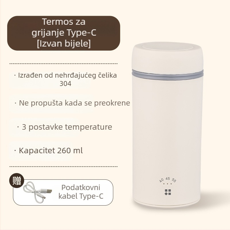 Prijenosna USB čašica za kuhanje vode, putna električna grijač, kompaktna šalica s konstantnom temperaturom, mini izolirana šalica za vruću vodu u studentskom domu