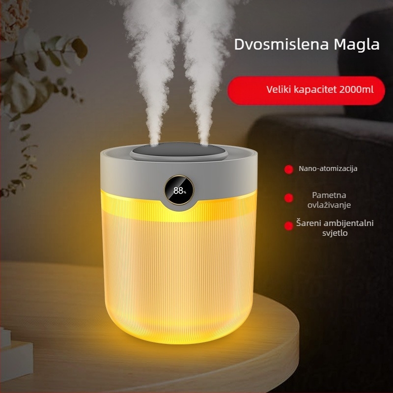 Vlažilo za zrak, kapacitet 2L, dva izlaza magle, USB napajanje, aromaterapija, digitalni zaslon