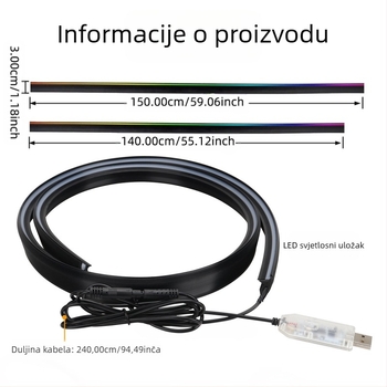 Automobilska ambijentalna rasvjeta s šarenim akrilnim prednjim zvučnim izolacijskim trakama, upravljanje putem aplikacije, bez žice (12V; 0.1A; silikon + akril; univerzalna kompatibilnost)