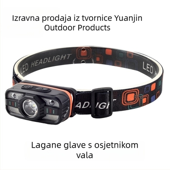 Indukcijska čelna lampica s višestrukim LED izvorom, na glavi; baterija 500–800 mAh, snaga 5W, domet 100–200 m, generiranje energije pritiskom ruke