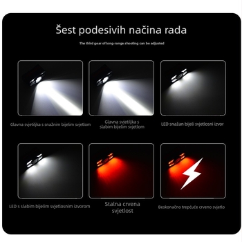 Indukcijska čelna lampica s višestrukim LED izvorom, na glavi; baterija 500–800 mAh, snaga 5W, domet 100–200 m, generiranje energije pritiskom ruke