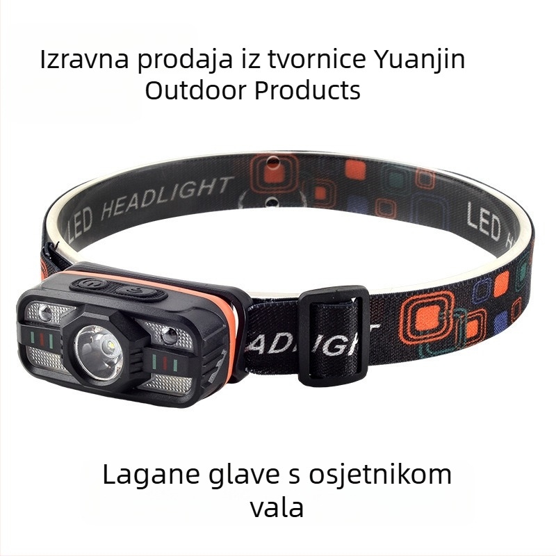 Indukcijska čelna lampica s višestrukim LED izvorom, na glavi; baterija 500–800 mAh, snaga 5W, domet 100–200 m, generiranje energije pritiskom ruke