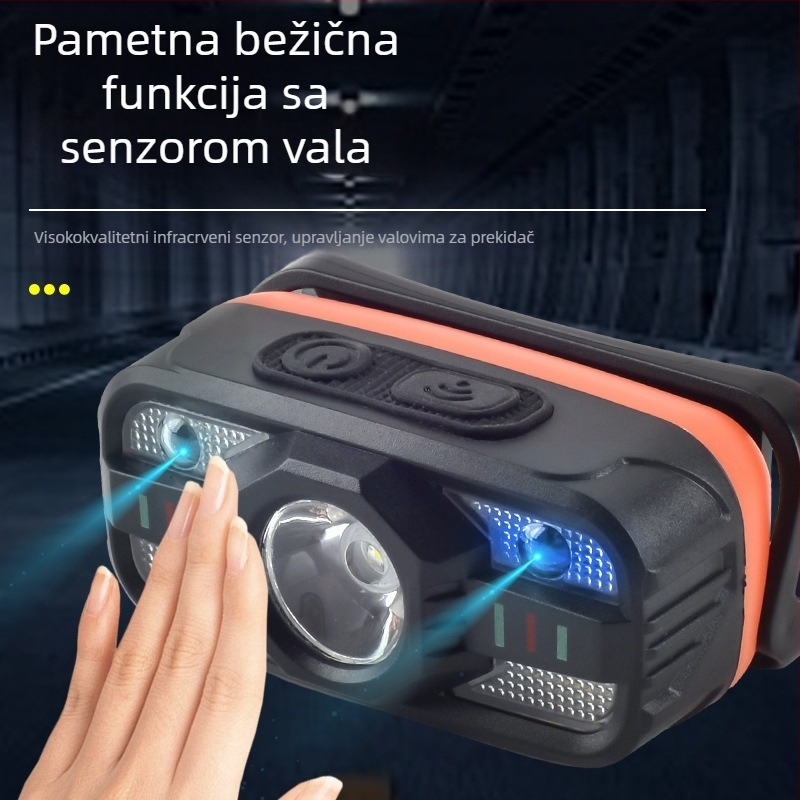 Indukcijska čelna lampica s višestrukim LED izvorom, na glavi; baterija 500–800 mAh, snaga 5W, domet 100–200 m, generiranje energije pritiskom ruke