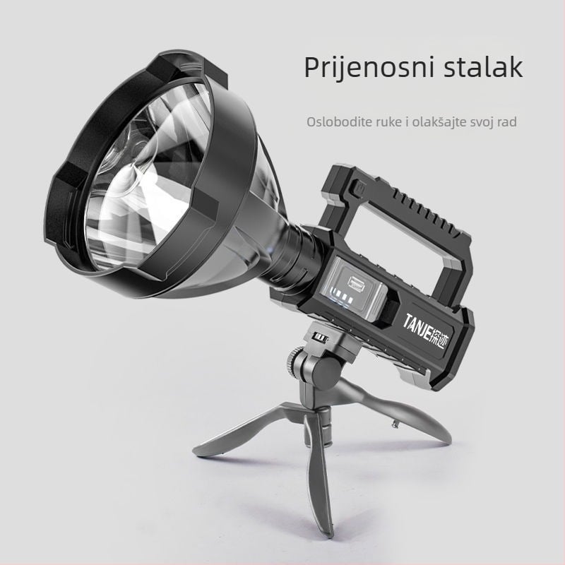 P90 Ručni LED potražna svjetiljka, 70W, 1200 mAh, ručna proizvodnja energije, punjenje, domet 100–200 m, ABS kućište