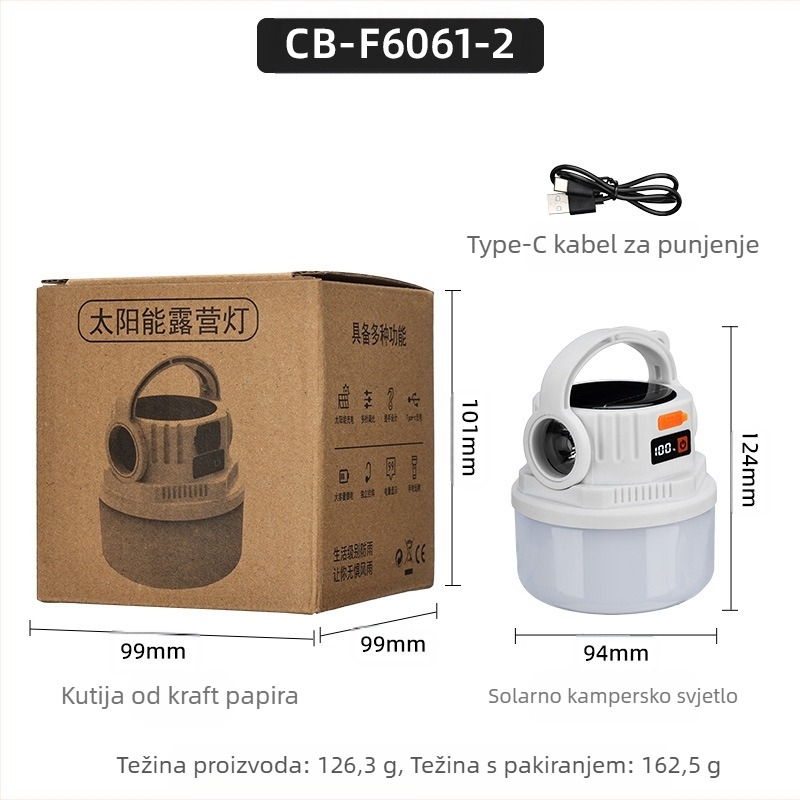 Coolba Kamping svjetlo s LED diodama 2835, solarno/napajanje, gumb prekidač