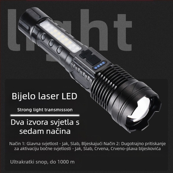 LED flashlight USB punjenje za vanjsku nuždu – lasersko svjetlo sa COB radnim svjetlom, 30W, ugrađena 18650 baterija, domet 200–500 m