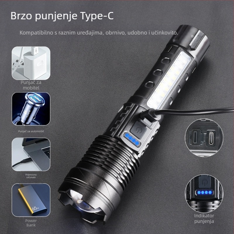 LED flashlight USB punjenje za vanjsku nuždu – lasersko svjetlo sa COB radnim svjetlom, 30W, ugrađena 18650 baterija, domet 200–500 m