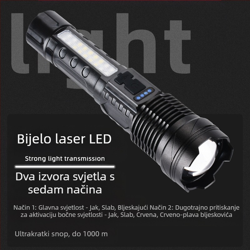 LED flashlight USB punjenje za vanjsku nuždu – lasersko svjetlo sa COB radnim svjetlom, 30W, ugrađena 18650 baterija, domet 200–500 m