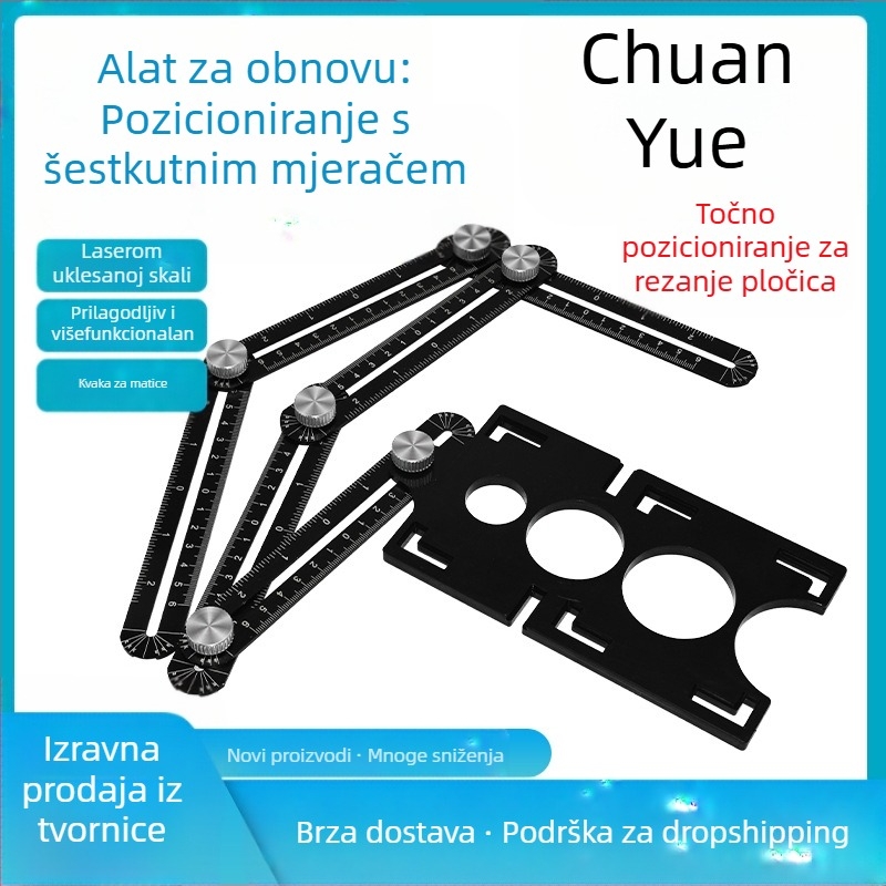 Šestodijelni sklopivi mjerni list za otvore pločica, univerzalni zidarski alat za pozicioniranje, kutomjer, aluminijska legura
