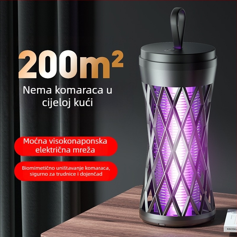 Električni šok lampica protiv komaraca, punjiva, LED svjetlo, ABS kućište, aluminijska mreža, ugrađena baterija 1001–1600 mAh, domet do 10 m²