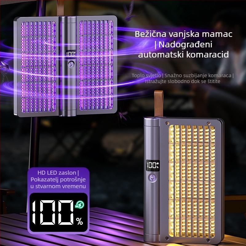 Električna sprava za komarce 4u1 s 360° rotacijom, sklopiva, punjiva, noćno svjetlo, pokrivenost 11–20 m²