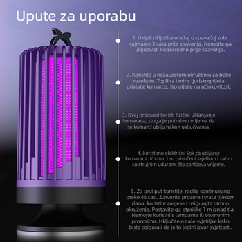 Unutarnja lampa za komarce, tiho elektrošok-ubijač komaraca s UV svjetlom, PP kućište, pogodno za prostorije do 10㎡