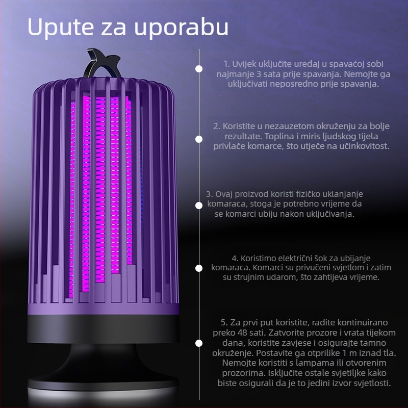 Unutarnja lampa za komarce, tiho elektrošok-ubijač komaraca s UV svjetlom, PP kućište, pogodno za prostorije do 10㎡