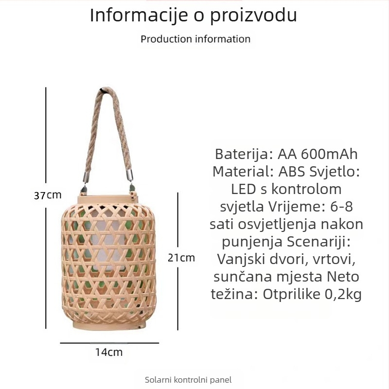 Solarna vrtna lanterna u pastoralnom kineskom retro dizajnu, imitacija bambusa, IP55 vodootporna, LED izvor, model 888, 6–12 sati osvjetljenja