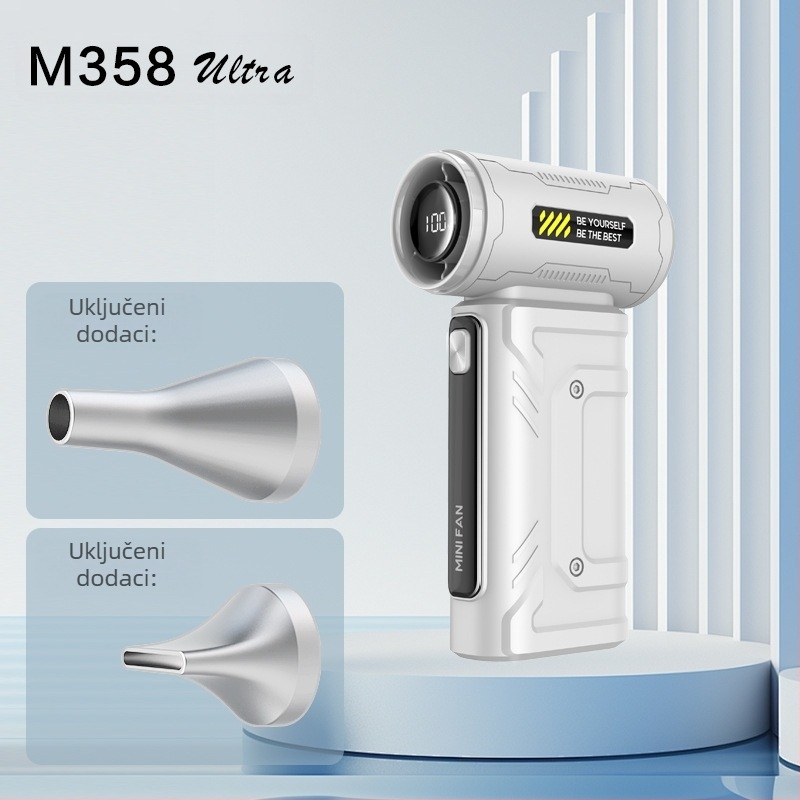 Ručni ventilator s bezkrtačnim motorom, ugrađena 6000mAh baterija, USB napajanje, ABS kućište, 6+ lopatica, buka 60–70 dB