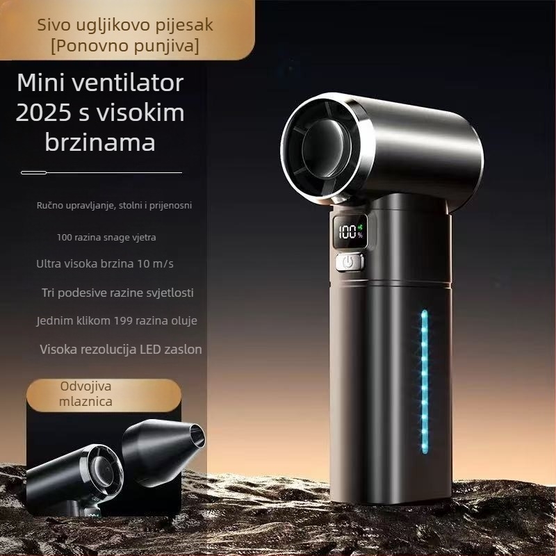 Ručni ventilator s bezkrtačnim motorom, ugrađena 6000mAh baterija, USB napajanje, ABS kućište, 6+ lopatica, buka 60–70 dB