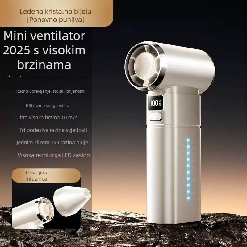 Ručni ventilator s bezkrtačnim motorom, ugrađena 6000mAh baterija, USB napajanje, ABS kućište, 6+ lopatica, buka 60–70 dB