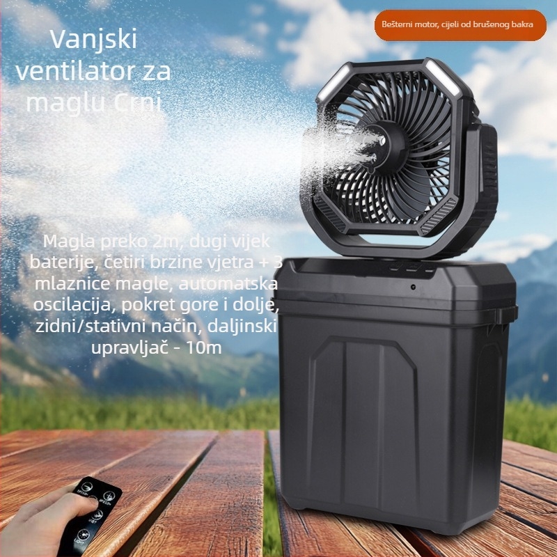 Ventilator s raspršivačem za hlađenje za kampiranje na otvorenom, osvjetljenje šatora, USB punjenje, glava s pokretima, tih mali električni ventilator