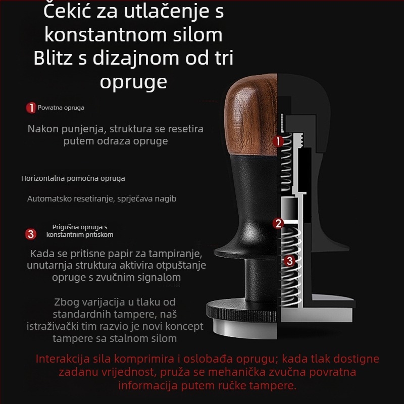 Tamper za kavu s fiksnom silom, automatskim vraćanjem i ravnotežom; orahovo drvo i nehrđajući čelik, moderni minimalistički stil