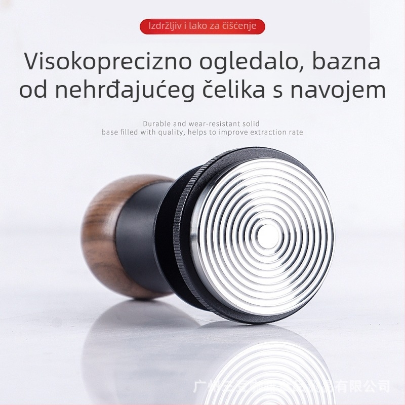 Tamper za kavu s fiksnom silom, automatskim vraćanjem i ravnotežom; orahovo drvo i nehrđajući čelik, moderni minimalistički stil