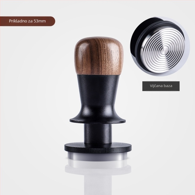 Tamper za kavu s fiksnom silom, automatskim vraćanjem i ravnotežom; orahovo drvo i nehrđajući čelik, moderni minimalistički stil