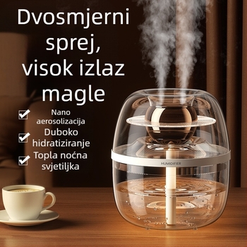 Prozirni kristalni ovlaživač zraka za dom, velika kapaciteta 2.6–4.0 L, pogodan za prostorije do 30 m², 2 izlaza magle, tih rad, USB napajanje, okrugli dizajn, vremenski tajmer preko 8 sati.