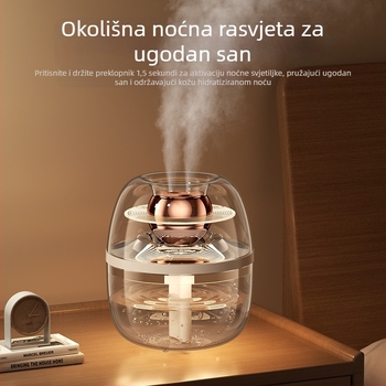 Prozirni kristalni ovlaživač zraka za dom, velika kapaciteta 2.6–4.0 L, pogodan za prostorije do 30 m², 2 izlaza magle, tih rad, USB napajanje, okrugli dizajn, vremenski tajmer preko 8 sati.