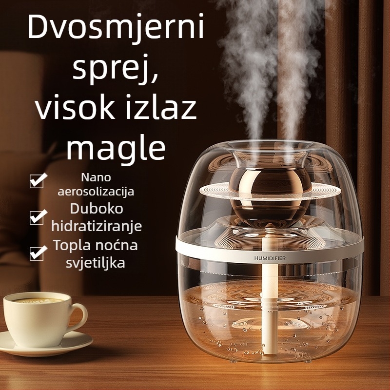 Prozirni kristalni ovlaživač zraka za dom, velika kapaciteta 2.6–4.0 L, pogodan za prostorije do 30 m², 2 izlaza magle, tih rad, USB napajanje, okrugli dizajn, vremenski tajmer preko 8 sati.