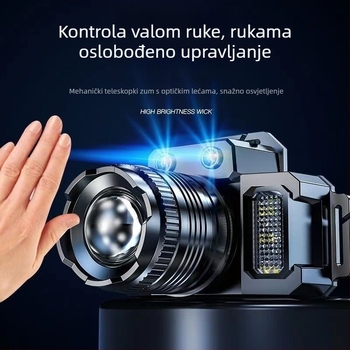 Čelna lampa s LED, 3W, 1500mAh, ručno pokretanje napajanja, domet 200–500 m