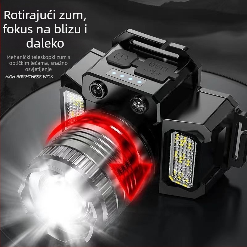 Čelna lampa s LED, 3W, 1500mAh, ručno pokretanje napajanja, domet 200–500 m