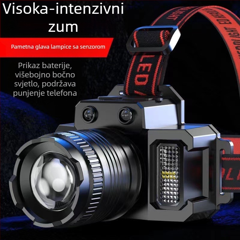 Čelna LED lampica s USB punjenjem za vanjski ribolov — senzor za noćno osvjetljenje, 360° rotacija, 30W, 4800mAh, domet 200–500 m