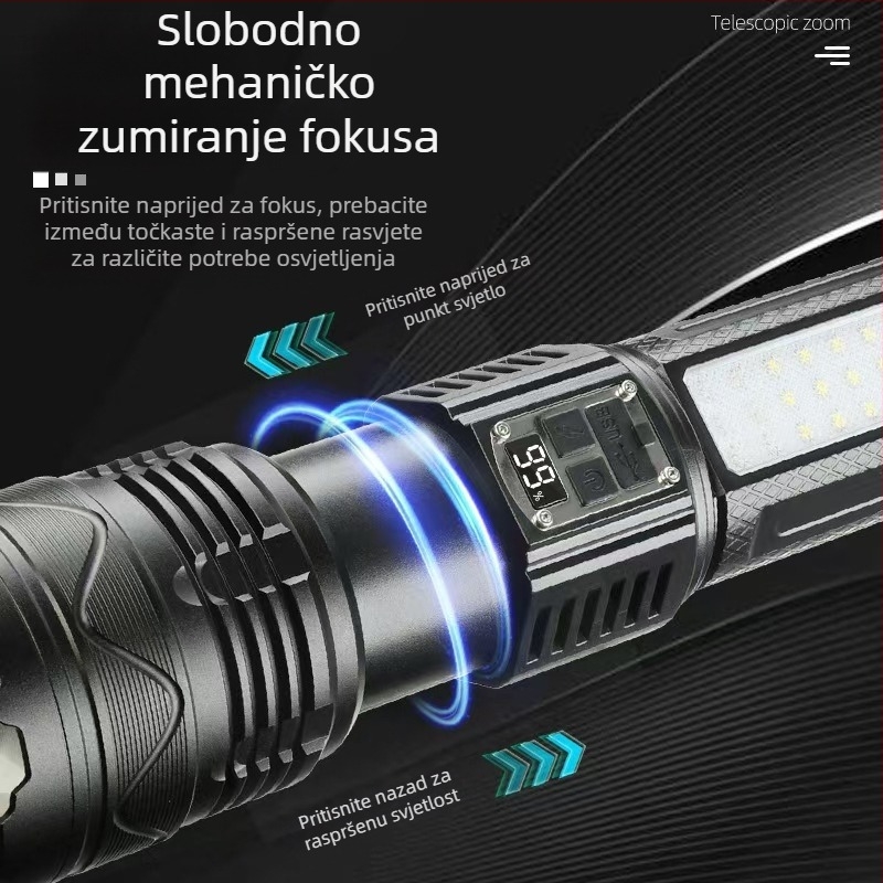 LED svjetiljka, tijelo od aluminijevog legura, 15W, ugrađena 5400 mAh baterija, punjiva, s Power Bank funkcijom, domet ≥ 500 m