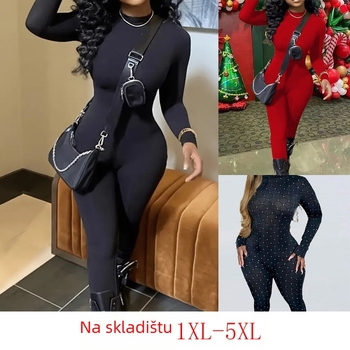 Dugih rukava pleteni kombinezon sa uskim krojem, poliester >95% sadržaj, gradski stil, dužina hlača, jesen 2024