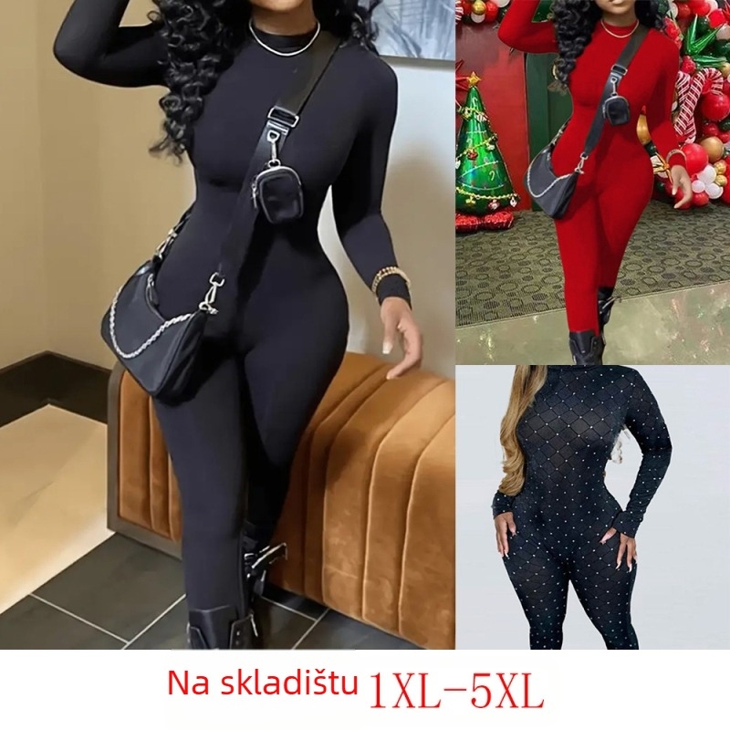 Dugih rukava pleteni kombinezon sa uskim krojem, poliester >95% sadržaj, gradski stil, dužina hlača, jesen 2024